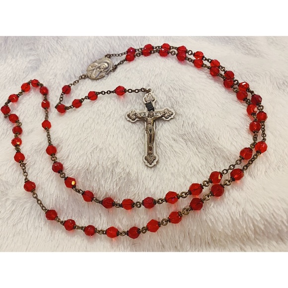 SOLD Antique Vampire Red Glass Rosary - Picture 6 of 8